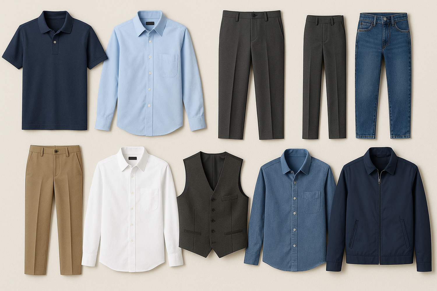 Playeras, camisas, pantalones de vestir y de mezclilla, chalecos y chamarras para uso diario en oficina 